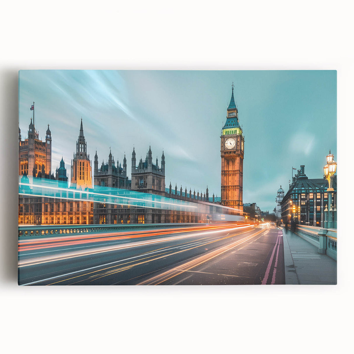 Black and white wall art of the London skyline on stretched canvas, suitable for kitchen or bedroom decor.