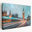 Large canvas print of the London skyline in muted gray and blue tones, suitable for kitchen wall art.