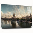 Acrylic print of a Paris scenery with muted blue and gray tones, ideal for dining room decor.