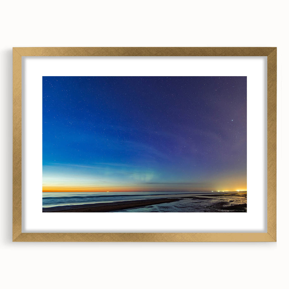 Abstract art print of a European landscape in muted gold and blue tones, framed with a gold mat.
