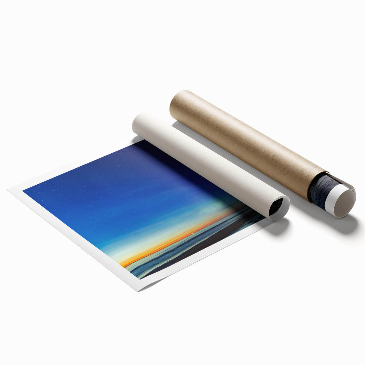 Extra large rolled print featuring a serene Latvian landscape with subtle floral elements in muted green and blue tones.