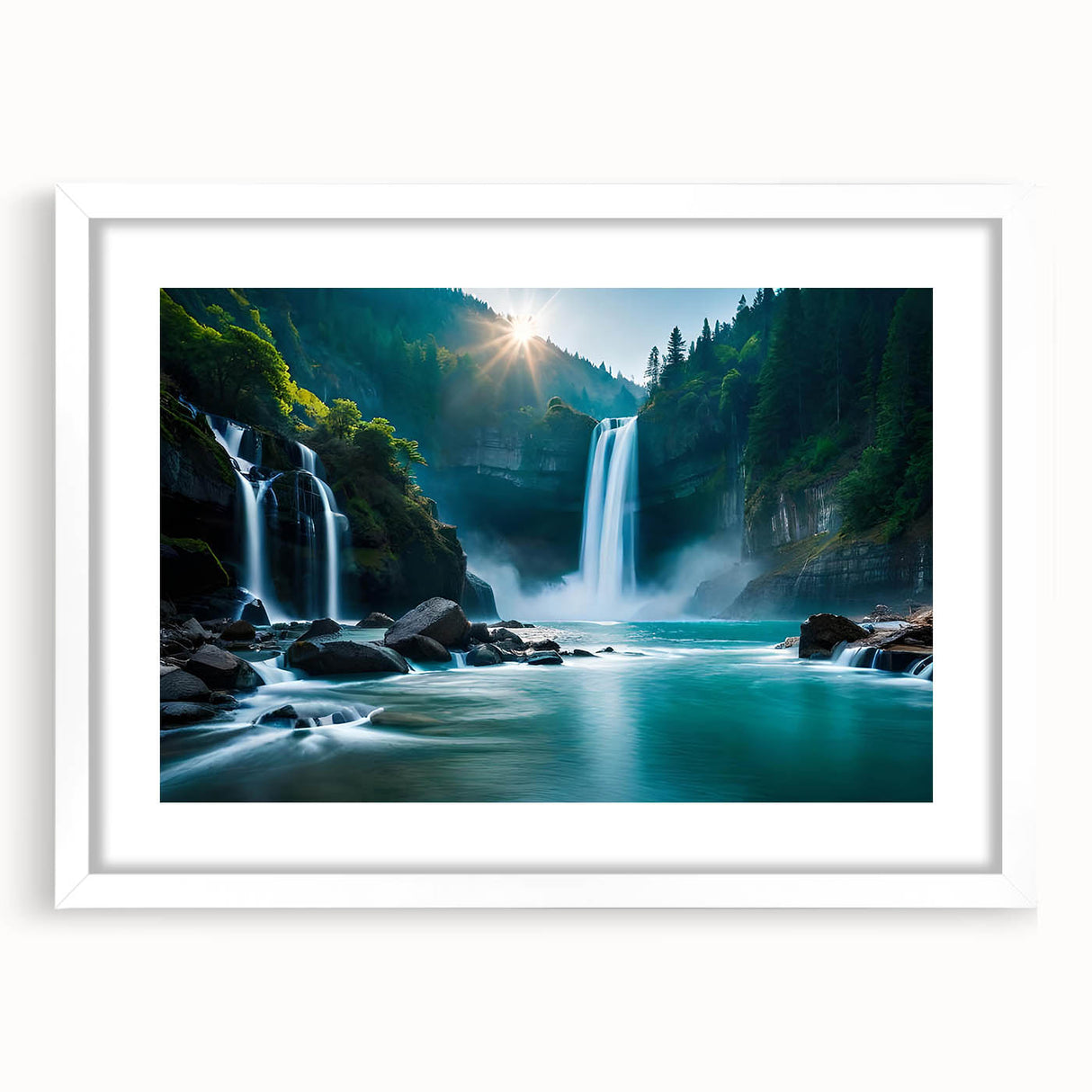 Abstract art print of a stylized Brazilian landscape in vibrant green and yellow hues on a white framed canvas.