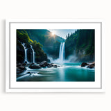 Abstract art print of a stylized Brazilian landscape in vibrant green and yellow hues on a white framed canvas.