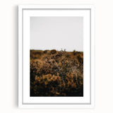 Abstract art print featuring warm autumnal hues on a white framed canvas, suitable for dining room or bedroom décor.