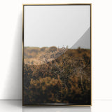 Mid-century modernist large art print of an autumnal scene in gold and orange tones, acrylic framed.