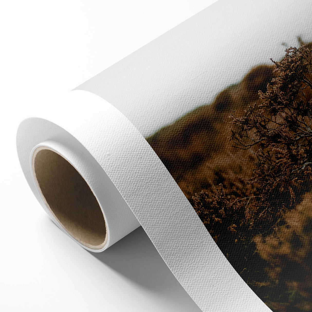 Art Deco poster of autumnal trees in orange and brown tones on rolled canvas, ideal for nursery wall art.