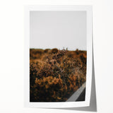 Autumn-themed floral art on rolled canvas with warm orange and brown tones, ideal for dining room wall decor.