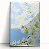 Mid-century modernist art depicting spring season in pastel shades on a silver-framed acrylic, suitable for nursery wall art.