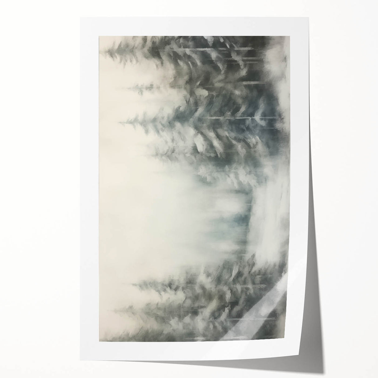 Extra large rolled print of winter floral art in muted blue and white tones.