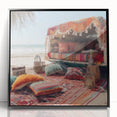 Large abstract wall art featuring a mid-century modernist style caravan in black and white, acrylic print framed.