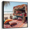 Black and white framed canvas featuring a side view of a vintage caravan, ideal for bedroom wall decor.