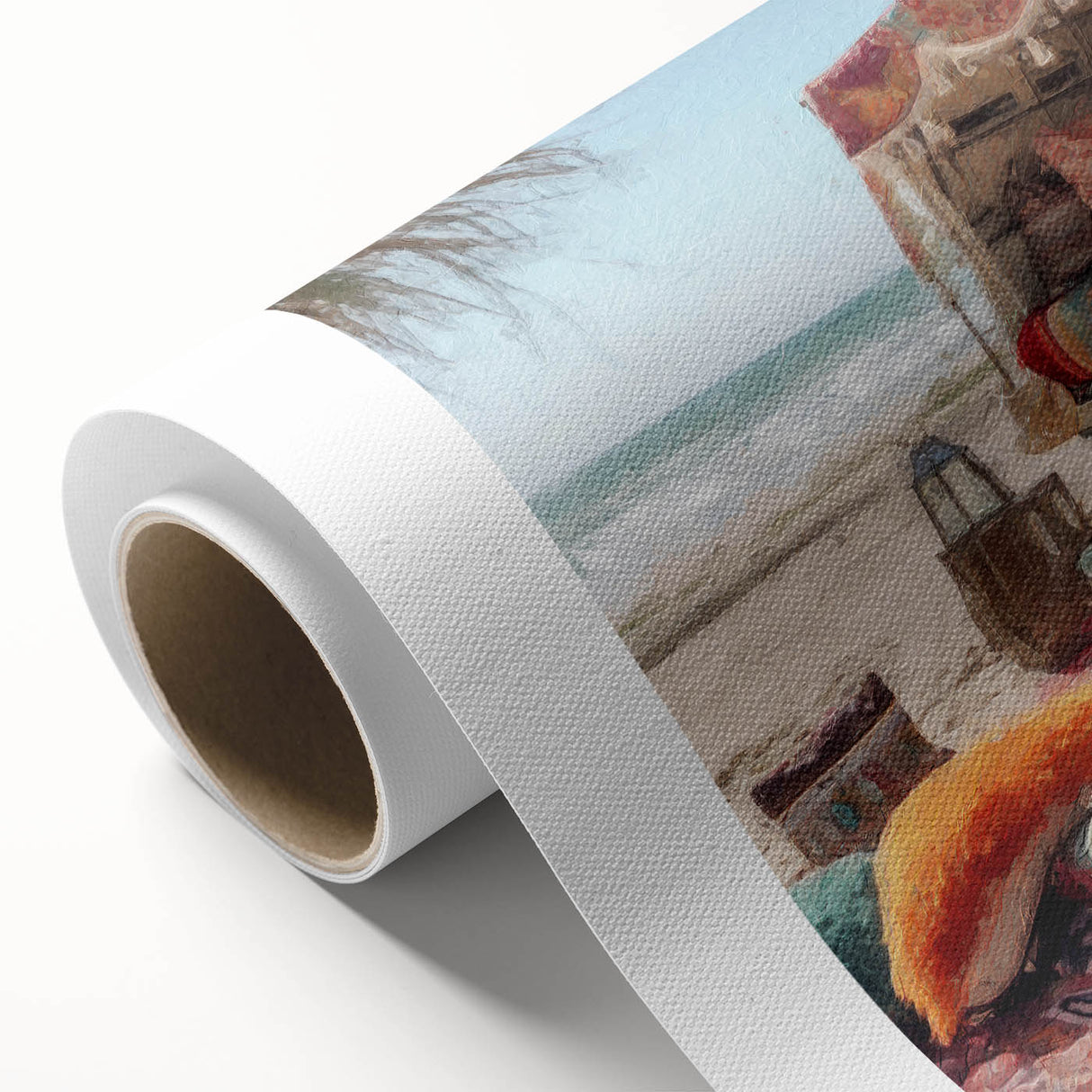 Art deco poster featuring a colorful caravan of vehicles on rolled canvas, ideal for nursery wall art.
