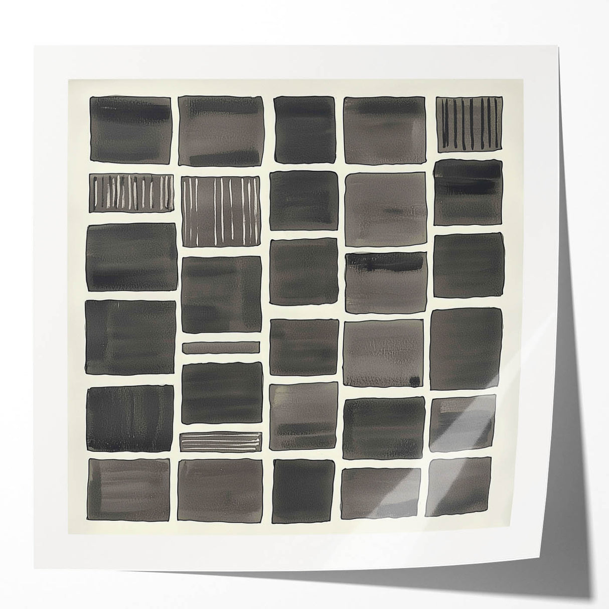 Abstract minimalist photo print mockup set featuring glossy textures and soft colors, ideal for showcasing modern art designs in a stylish setting. The mockup demonstrates how artwork can enhance interior decor with a focus on simplicity and elegance.