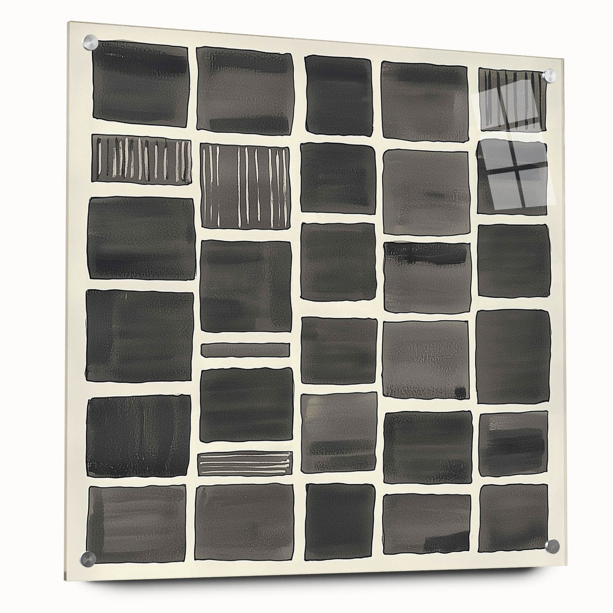 Abstract minimalist acrylic design featuring a side view of a glass artwork with decorative pins, showcasing a blend of soft colors and sleek lines, perfect for modern decor.