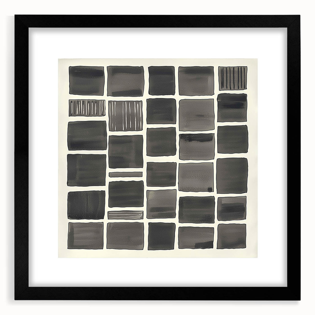 Minimalist black-framed artwork featuring abstract designs on a white background, elegantly matted for a modern aesthetic, perfect for contemporary home decor.