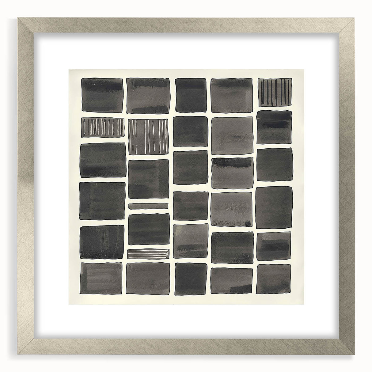 Minimalist silver-framed artwork with a mat, showcasing abstract designs. Ideal for modern home decor, enhancing any room's aesthetic.