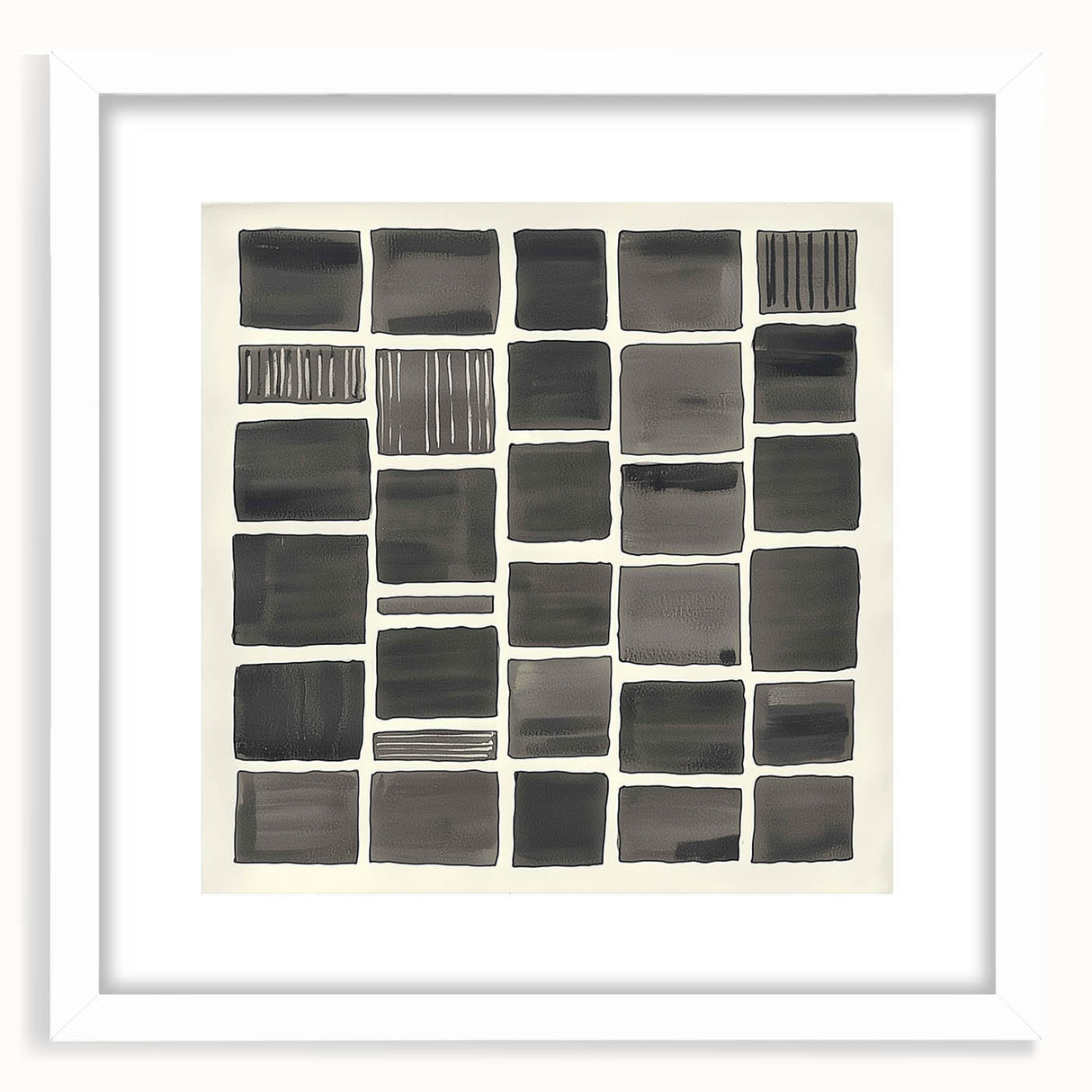 Minimalist white-framed abstract artwork featuring geometric shapes and soft pastel colors, ideal for modern home decor, elegantly displayed against a neutral background.