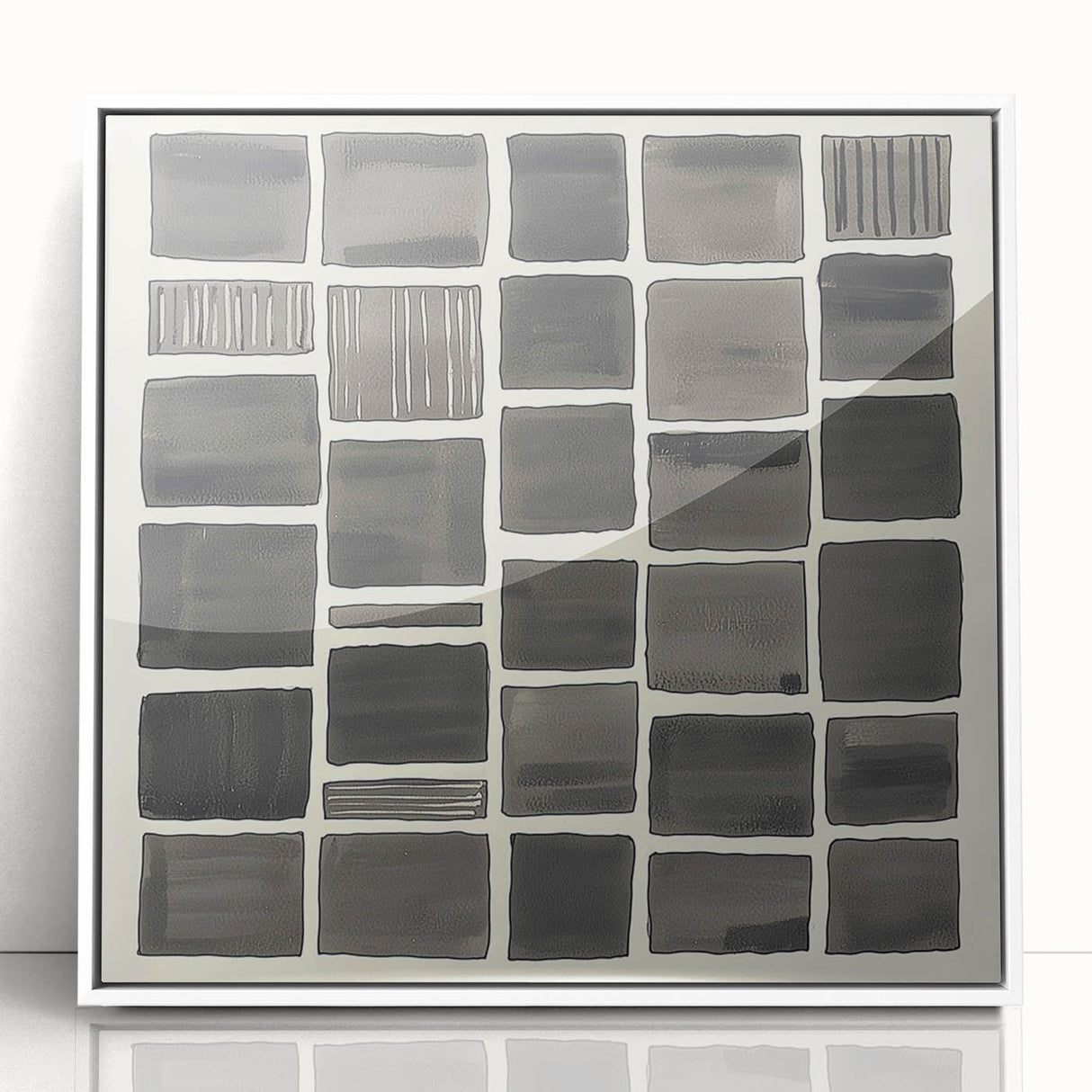Framed minimalist abstract wall art design in white acrylic, showcasing elegant geometric shapes and soft color gradients, perfect for modern decor.