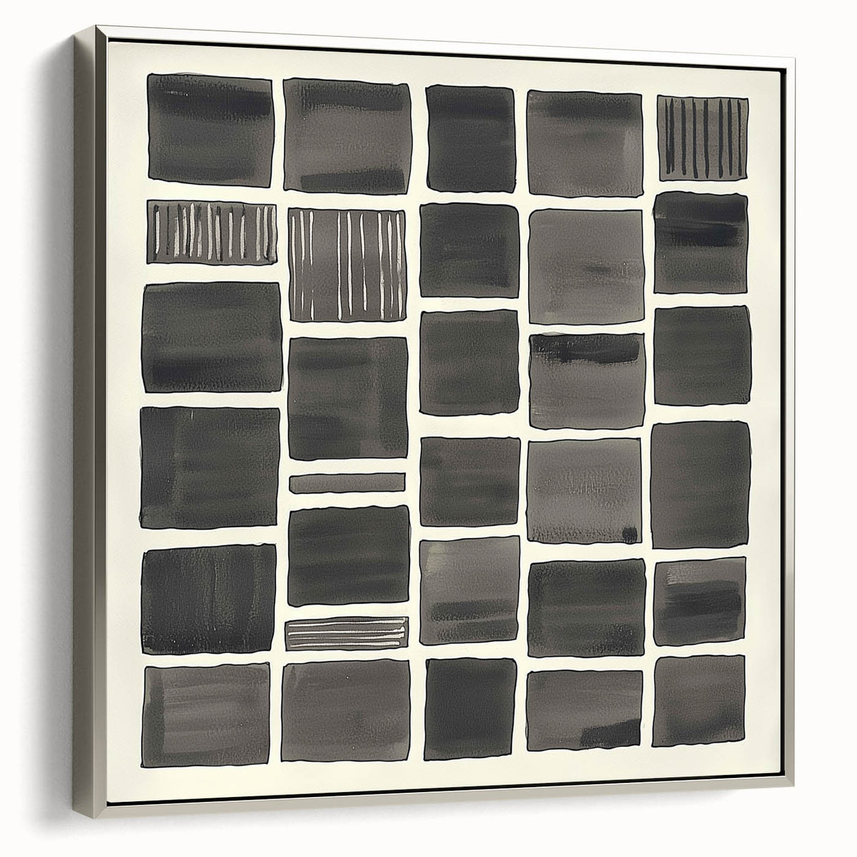 Framed minimalist abstract canvas art with a silver side, showcasing modern design elements and a sleek finish, perfect for contemporary home decor accents.