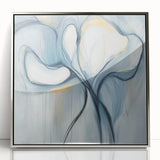 Framed acrylic wall art featuring a minimalist abstract design in silver tones, showcasing a sleek modern aesthetic perfect for contemporary decor.
