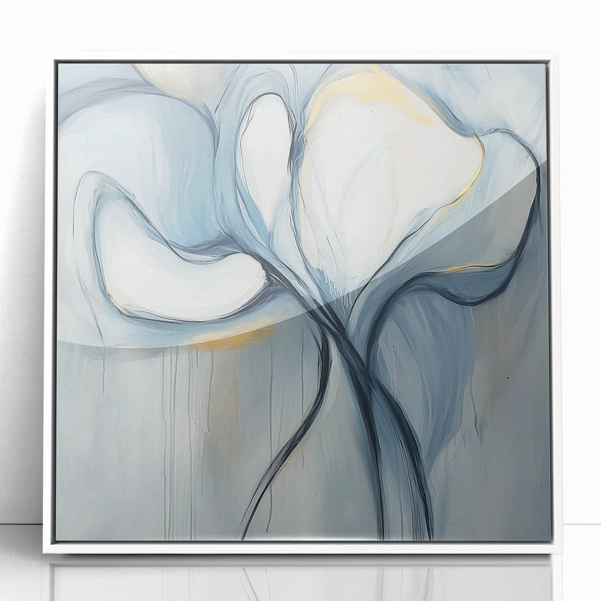 Framed minimalist abstract artwork in white acrylic, showcasing soft color gradients and geometric shapes, ideal for modern home decor or office spaces.