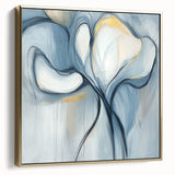 Framed minimalist abstract canvas artwork in silver and gold tones, showcasing elegant geometric shapes, ideal for modern home decor or office spaces.