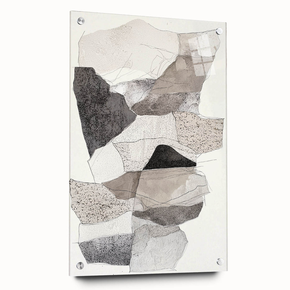 Abstract minimalist acrylic glass artwork displayed from the side, showcasing vibrant colors and intricate designs, secured with decorative pins for modern decor.