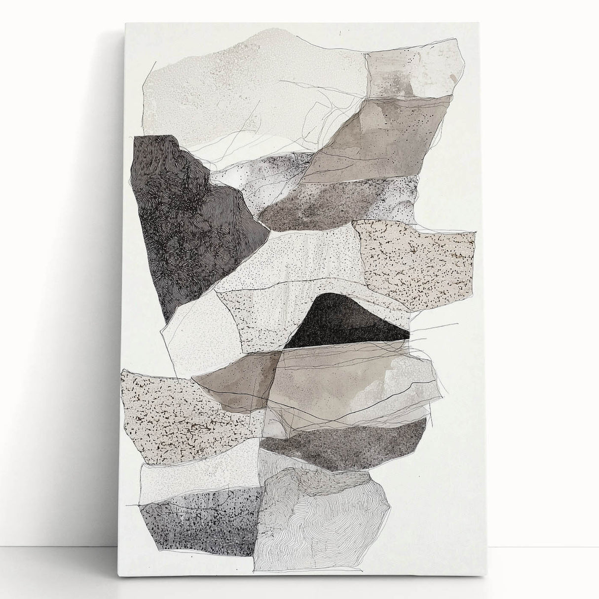 Abstract minimalist stretched canvas artwork featuring soft pastel colors and geometric shapes, leaning against a white wall in a modern interior setting. Ideal for contemporary home decor and art enthusiasts seeking elegant design accents.