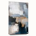 Abstract minimalist acrylic glass artwork displayed from a side view, showcasing vibrant colors and geometric shapes, mounted with stylish pins for a modern aesthetic.