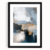 Minimalist abstract art print in a black frame with a mat, showcasing geometric shapes in muted tones. Ideal for modern home decor and artistic interiors.