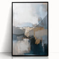 Framed minimalist abstract artwork with a sleek black acrylic front, showcasing soft geometric shapes and a subtle color palette, ideal for modern decor.