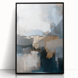 Framed minimalist abstract artwork with a sleek black acrylic front, showcasing soft geometric shapes and a subtle color palette, ideal for modern decor.