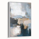 Framed minimalist abstract canvas artwork in a sleek white frame, showcasing a modern design with soft color gradients, ideal for contemporary home decor.