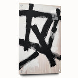 Abstract minimalist design featuring a side view of a sleek acrylic glass art piece with colorful geometric patterns and mounting pins, perfect for contemporary decor.