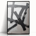Framed acrylic artwork featuring a minimalist black design with abstract shapes, showcasing a sleek front view ideal for modern decor. Perfect for enhancing contemporary interiors.