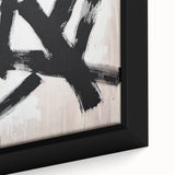 Close-up of a minimalist abstract framed canvas artwork, showcasing bold geometric shapes in soft pastel colors, perfect for modern home decor or office spaces.