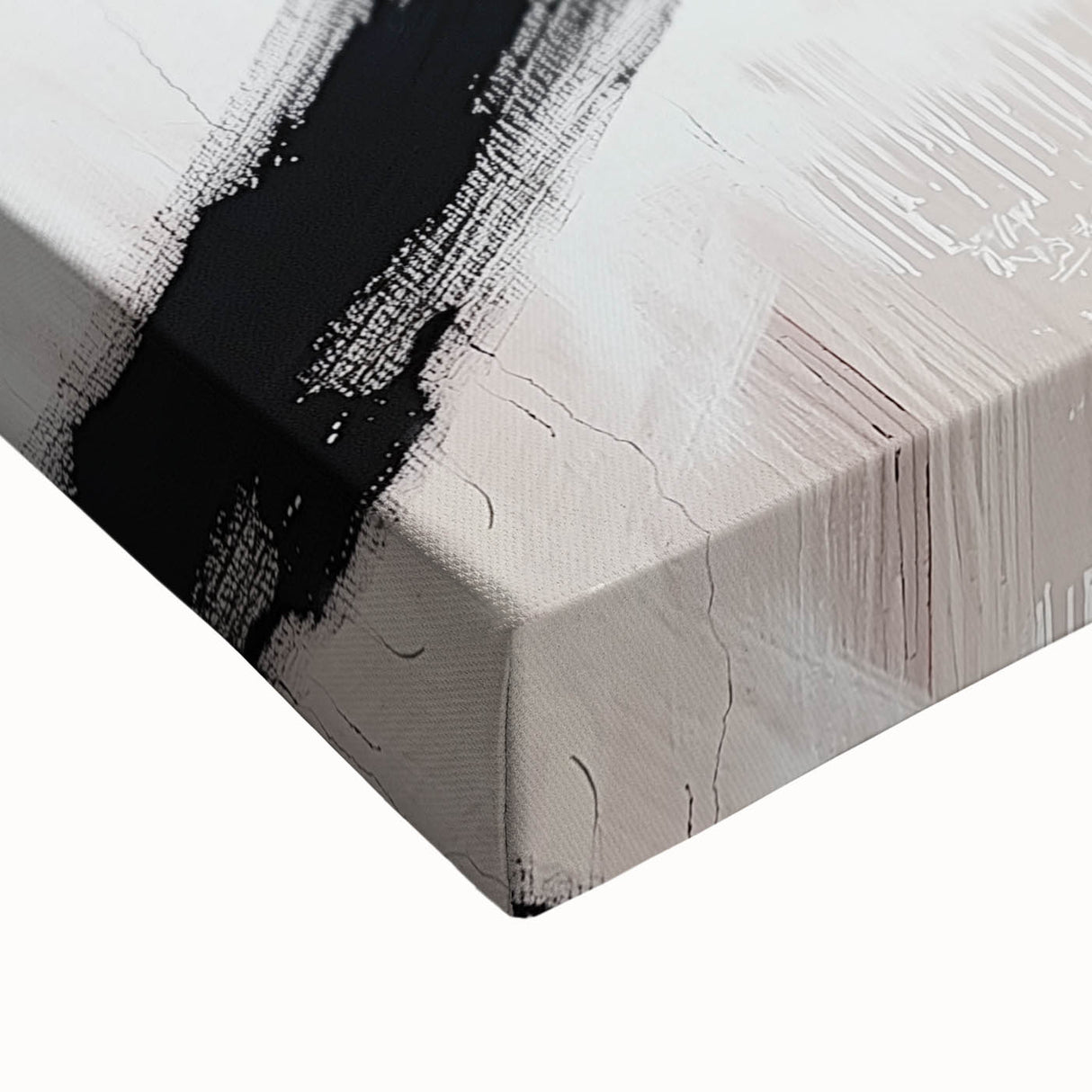 Close-up of a minimalist abstract stretched canvas artwork showcasing soft earth tones and fluid shapes, ideal for modern home decor or office spaces.