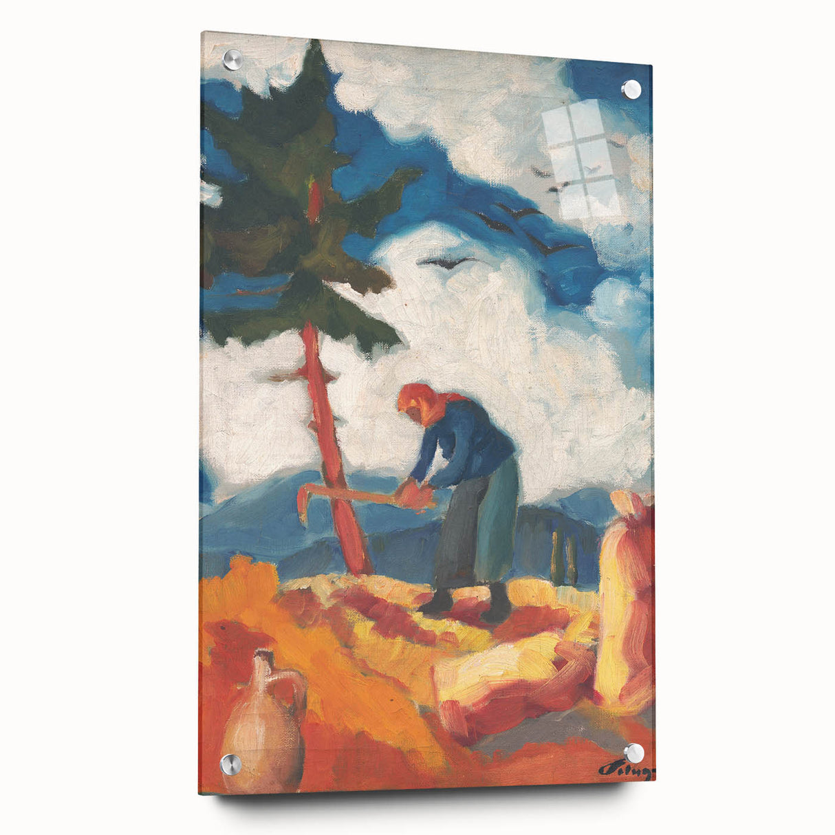 Modern Wall Art - Vibrant Rural Landscape with Worker | Colorful Art Print