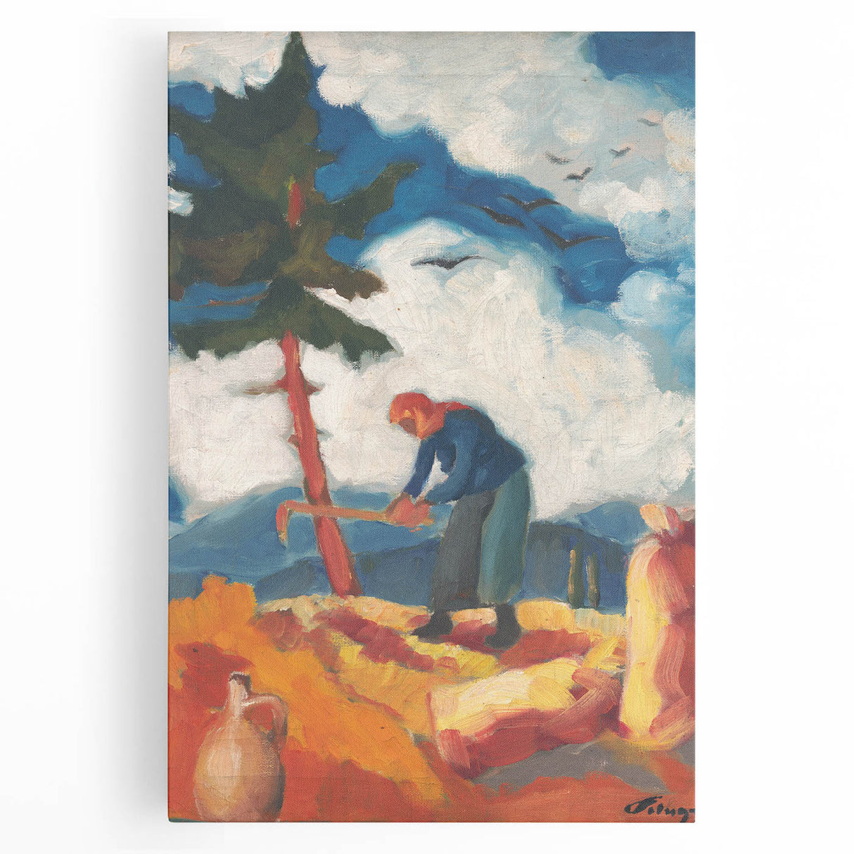 Modern Wall Art - Vibrant Rural Landscape with Worker | Colorful Art Print