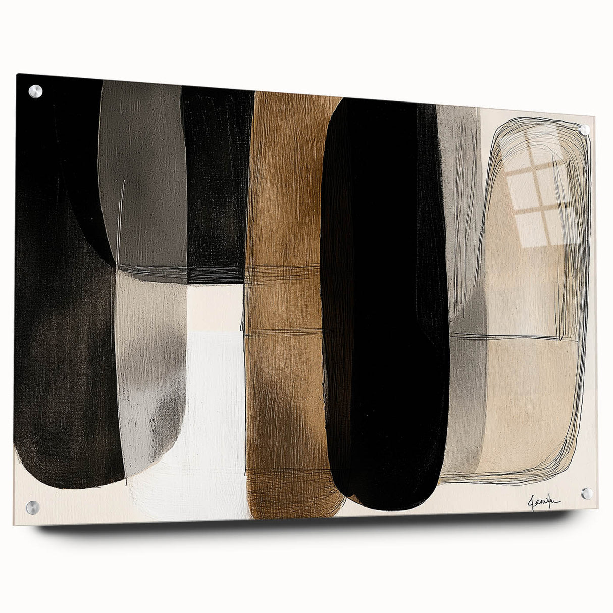 Abstract minimalist acrylic artwork displayed from a side view, featuring a blend of soft colors and geometric shapes, secured with elegant pins for a modern aesthetic. Ideal for contemporary interior decor.