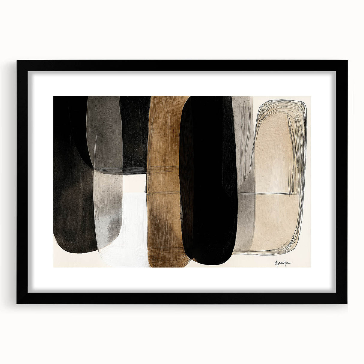 Minimalist black-framed abstract art print with a white matting showcasing geometric shapes, perfect for modern home decor. Ideal for adding a sophisticated touch to any room.