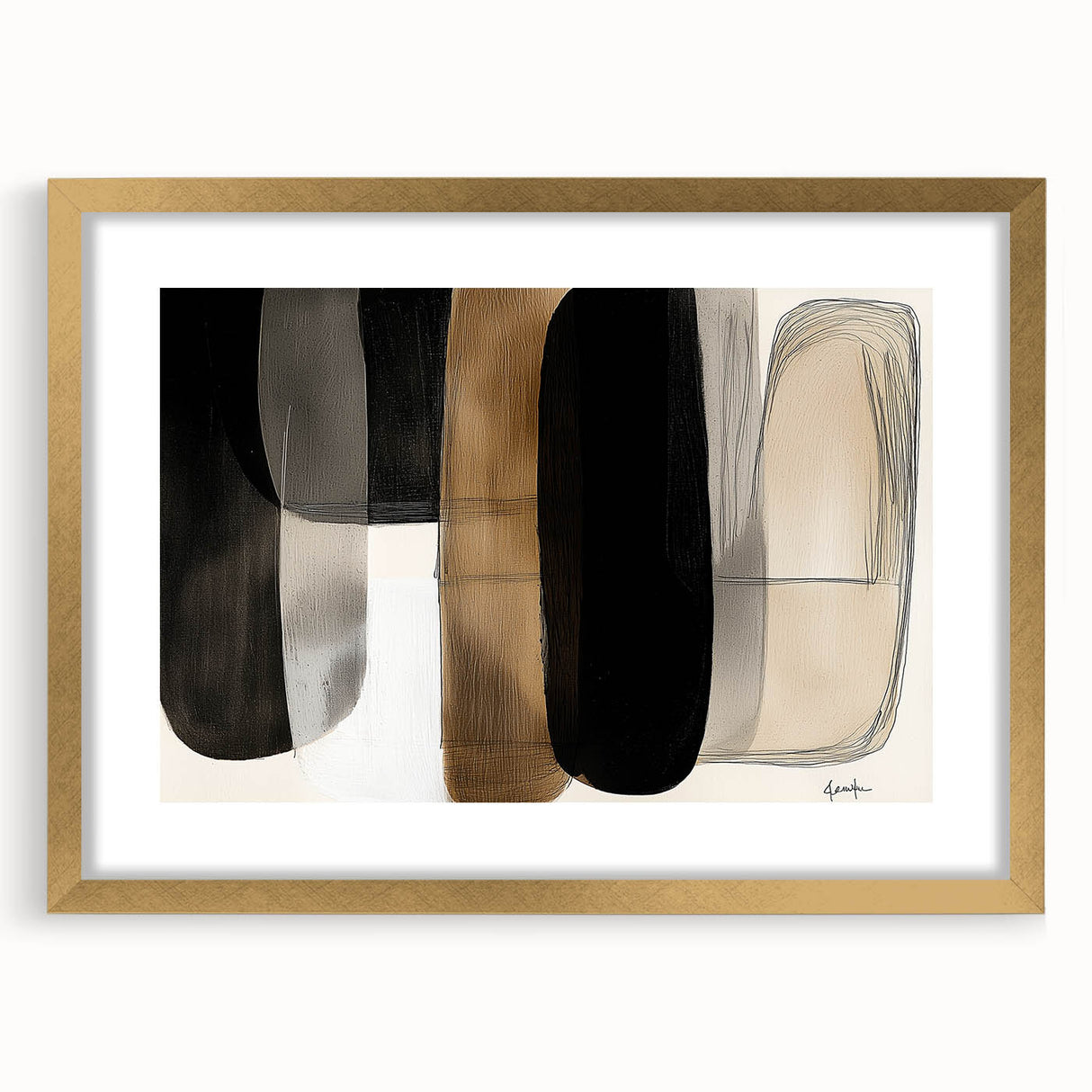 Abstract minimalist artwork framed in gold, featuring soft beige and white tones. Ideal decor for modern interiors, enhancing elegance and sophistication.