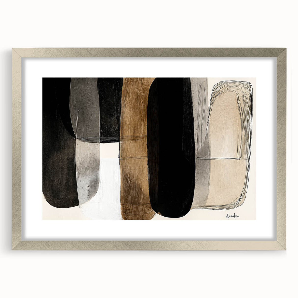 Abstract minimalist silver-framed artwork with a mat, showcasing soft, muted colors and geometric patterns. Perfect for modern home decor, enhancing contemporary spaces.