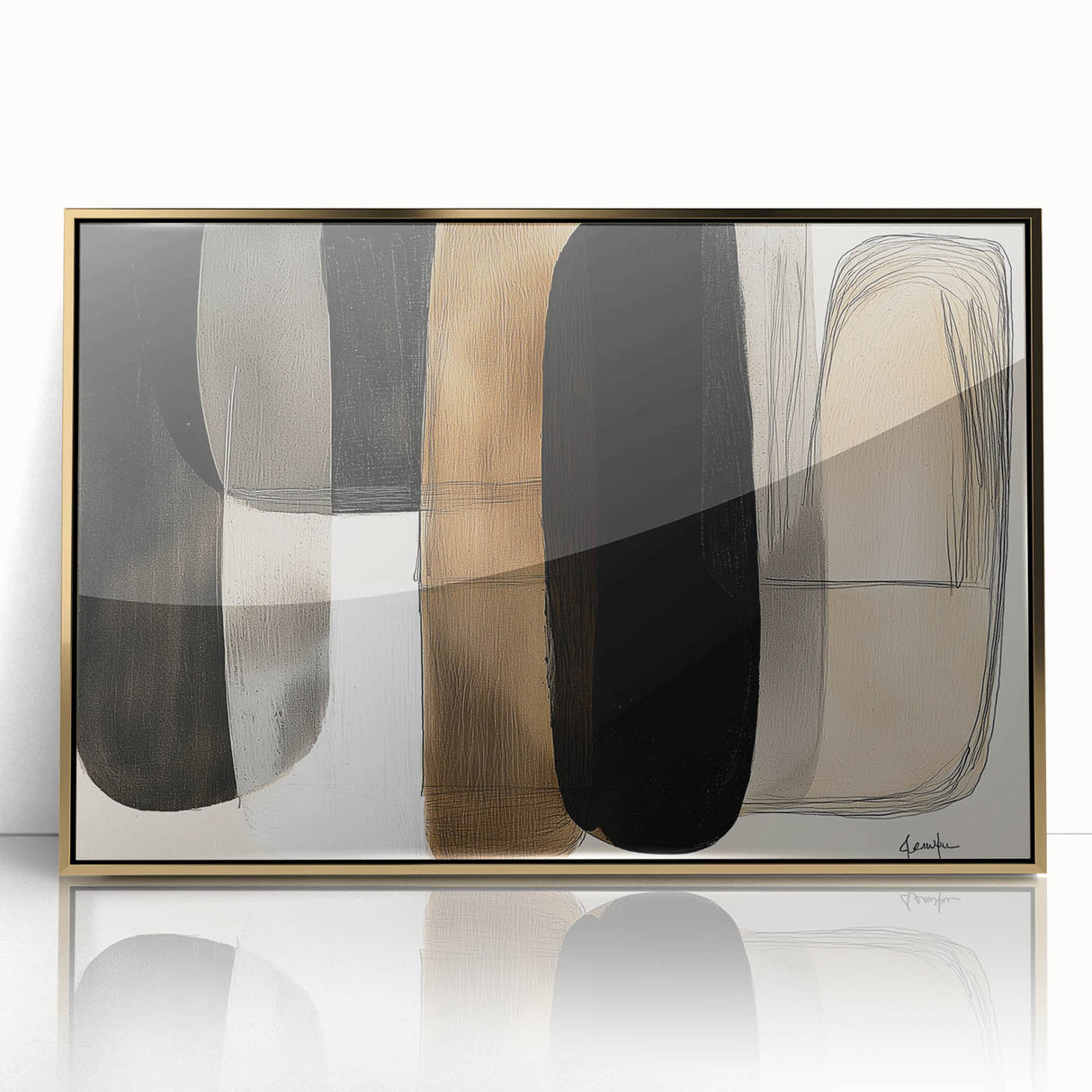 Framed minimalist abstract art piece with a gold-accented design, showcasing clean lines and a modern aesthetic, perfect for contemporary home decor.