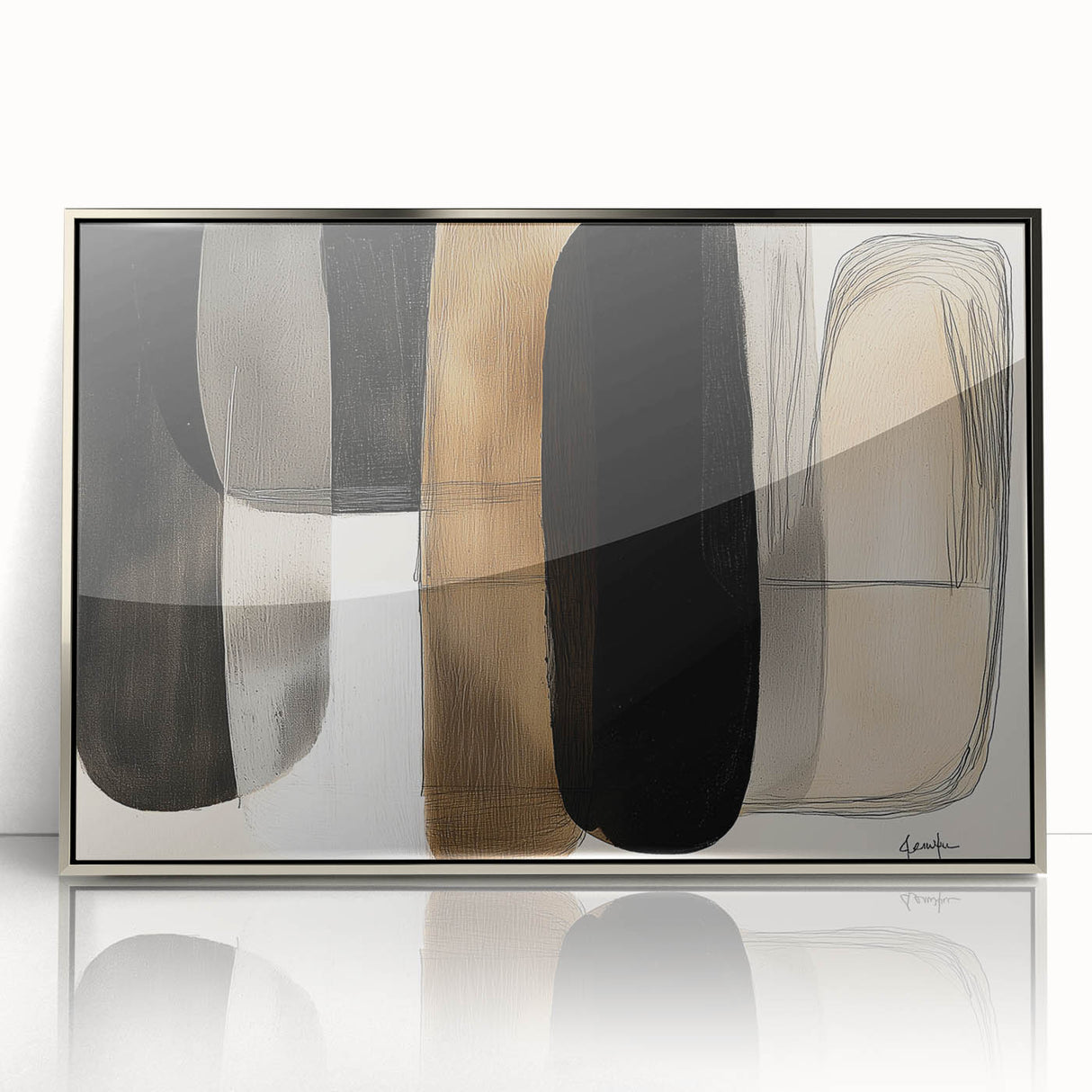 Framed minimalist abstract art piece featuring a silver acrylic design, showcasing geometric shapes on a clean white background, ideal for modern decor.