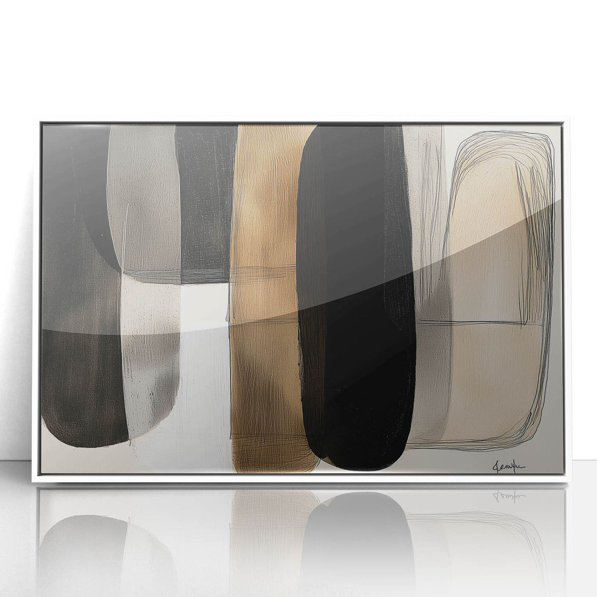 Framed minimalist abstract art print in white acrylic showcasing soft geometric shapes in soothing pastel hues, ideal for modern home decor and gallery walls.