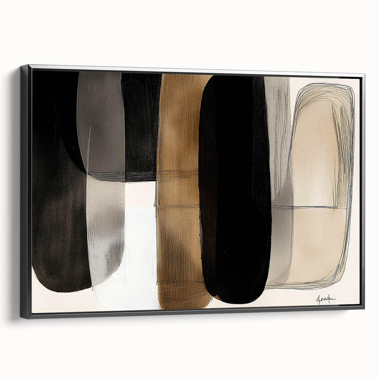 Framed minimalist abstract canvas wall art in black, showcasing a sleek side view. Perfect for modern decor, adding elegance to any living space.