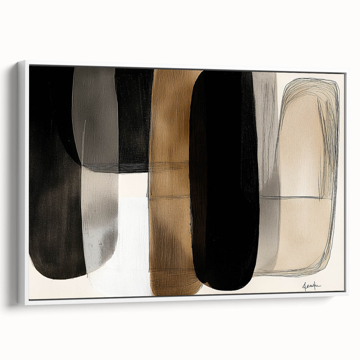 Framed minimalist abstract canvas artwork showcasing a sleek white design, displayed from a side view, perfect for modern home decor and aesthetic enhancement.