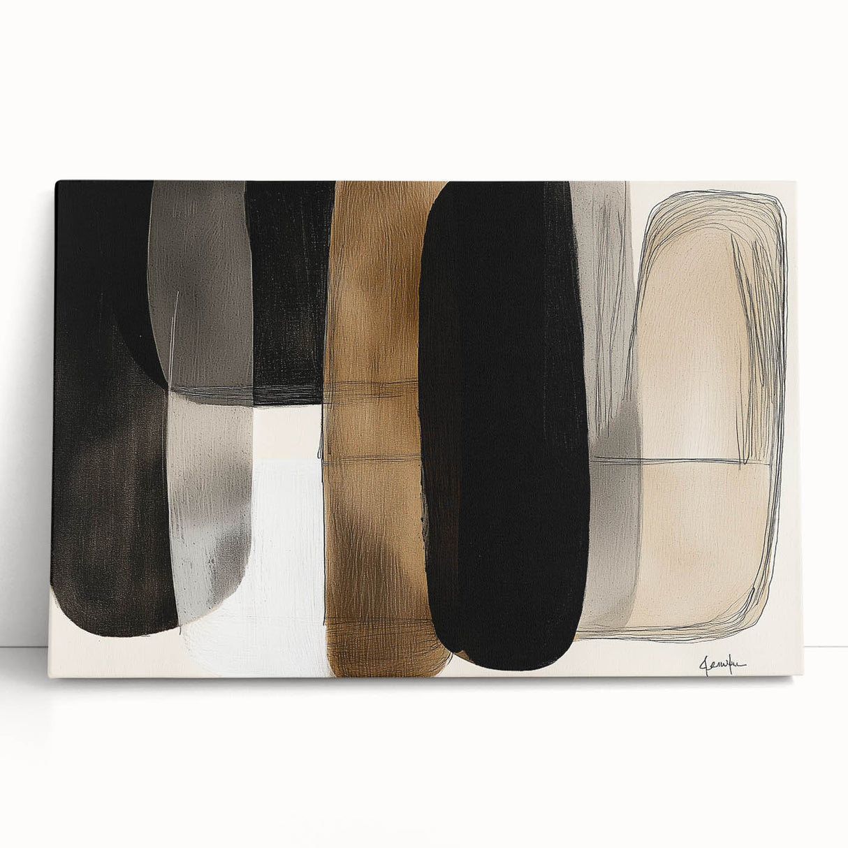 Abstract minimalist stretched canvas artwork featuring soft pastel colors and geometric shapes, elegantly leaning against a neutral wall, perfect for modern decor.