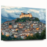 Acrylic glass artwork showcasing a stunning landscape view of a medieval castle, featuring vibrant colors and intricate details, ideal for home decor or art collectors.